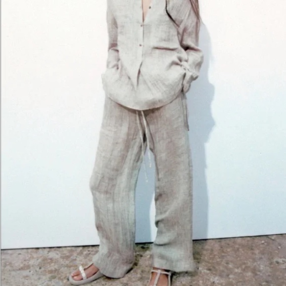 Zara Set 100% Linen Grey/Neutral Set Top L Bottom M (item #A23)
